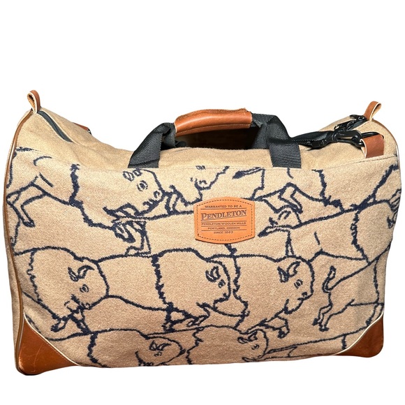 Pendleton Other - Pendleton Tan Buffalo Check Duffel Bag Wool Leather Weekender Travel Luggage